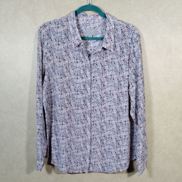 09559 PURE Collection white w/black, pink, & blue polka dot silk blouse 14/16 - Picture 1 of 11